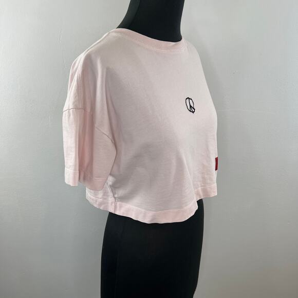 CHNGE Pink PEACE XS Crop Top Cotton Embroidered Round Neck Short Sleeve Pullover - Picture 4 of 9